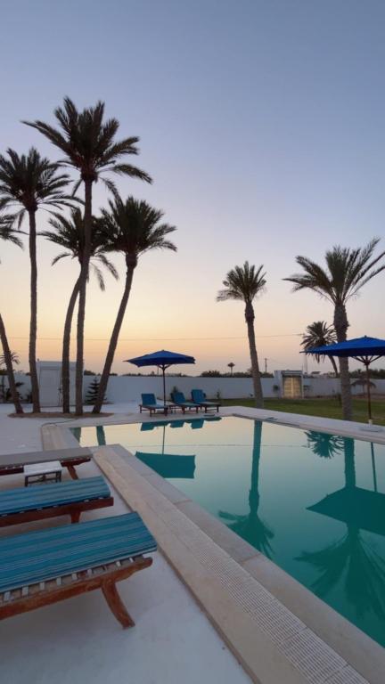a swimming pool with palm trees in the background at maison rachid in El Guecheïne