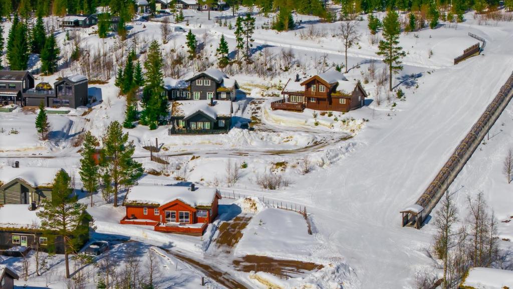 an aerial view of a village in the snow at Håvi Solsiden 11C in Trysil