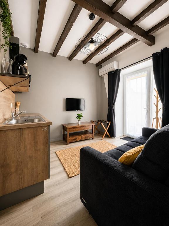 a living room with a couch and a tv at Le Bourg - Studio 2pers -Climatisation et terrasse in Bourg-lès-Valence