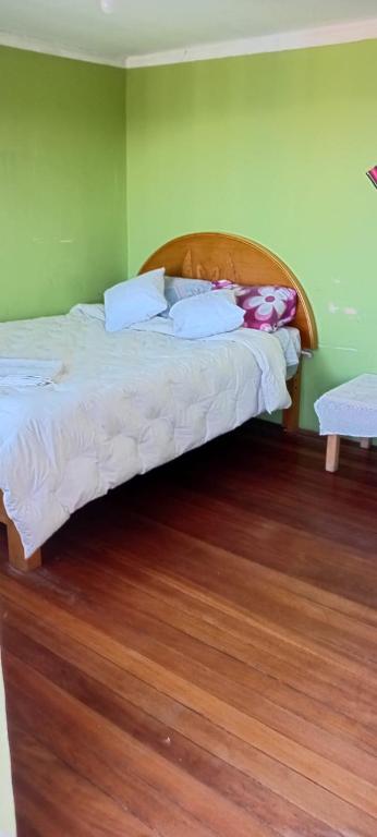 a bed in a room with a green wall at Ecolodge Amanecer in Comunidad Yumani