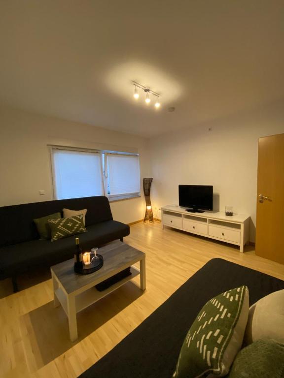 a living room with a couch and a tv at Ferienwohnung Burgstadt Kastellaun in Kastellaun