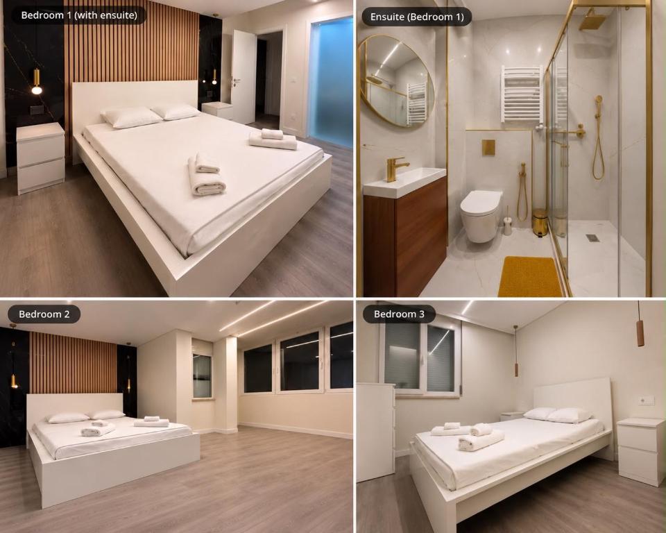 a collage of three pictures of a bedroom at Casa Noir Luxury 3BR Apartment 2 Baths Near Lisbon & Sintra in Queluz