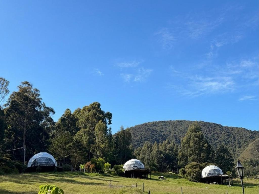 three domes in a field with mountains in the background at Glamping Store in Guatavita
