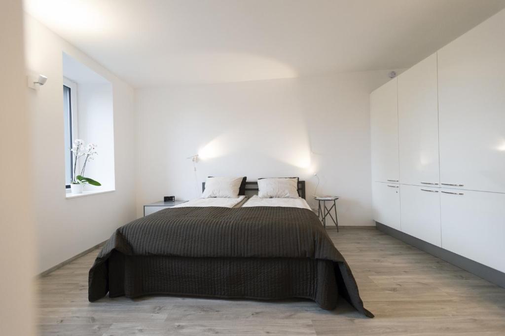 1 dormitorio con 1 cama grande y paredes blancas en Xperience-Today Eupen, en Eupen