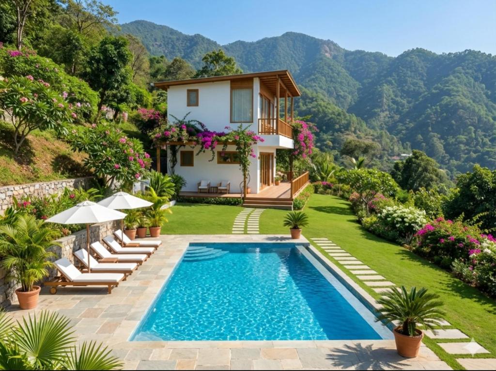 a villa with a swimming pool and mountains in the background at Nivriti Stays in Nainital