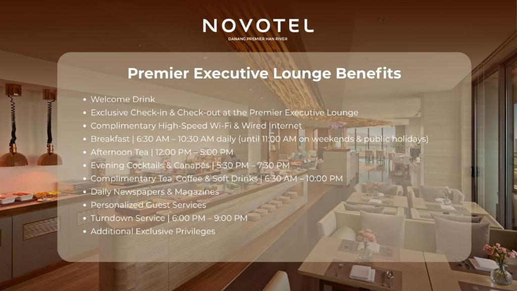 A promotional view of the Premier Executive Lounge with its listed guest benefits overlaid.