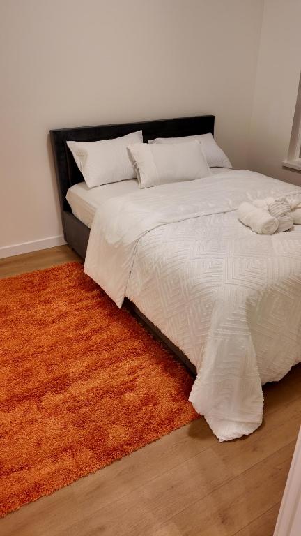 a bedroom with a large bed with an orange rug at Luxury Heart of the city in Surrey