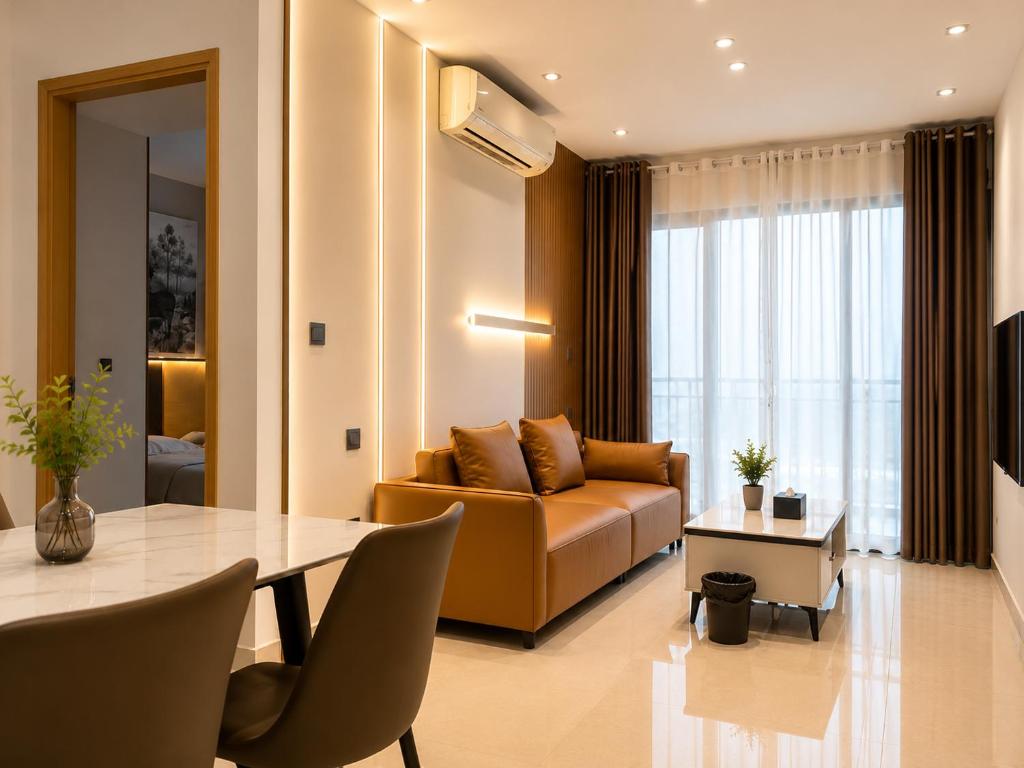 a living room with a couch and a table at Axis Residences Apartment in Phumĭ Prêk Chrey