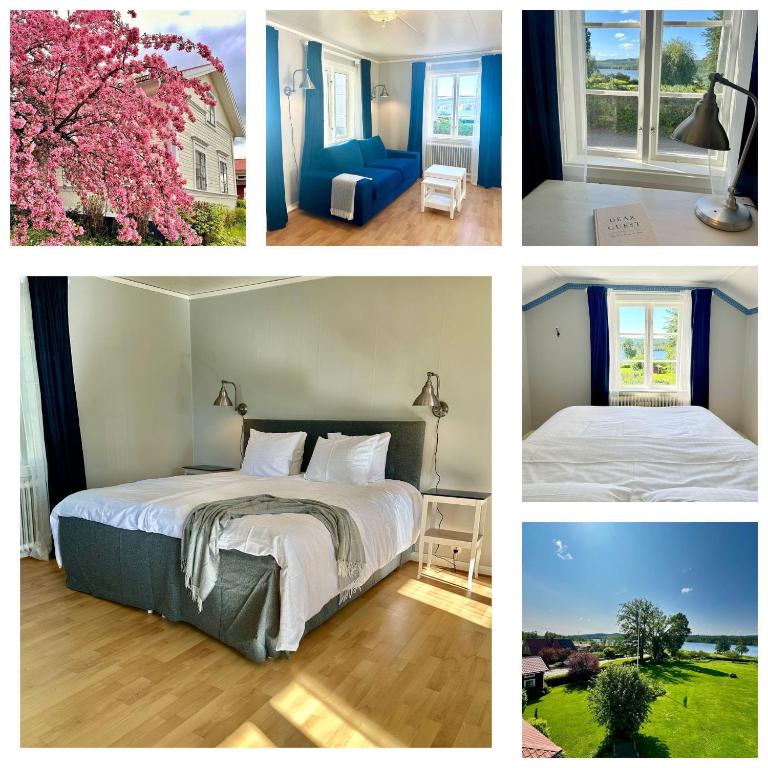 a collage of four pictures of a bedroom at West wing, Långnäs Manor in Hofors