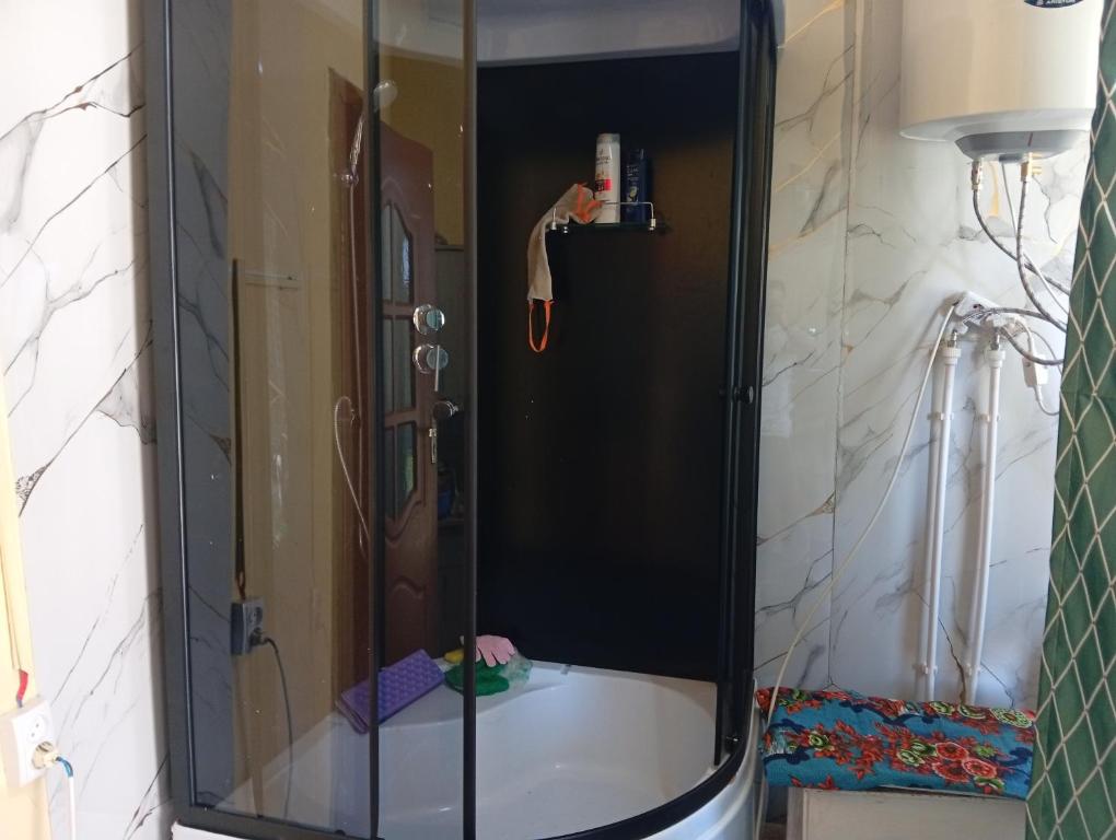 a shower with a glass door in a bathroom at Sam hostel in Kochkorka