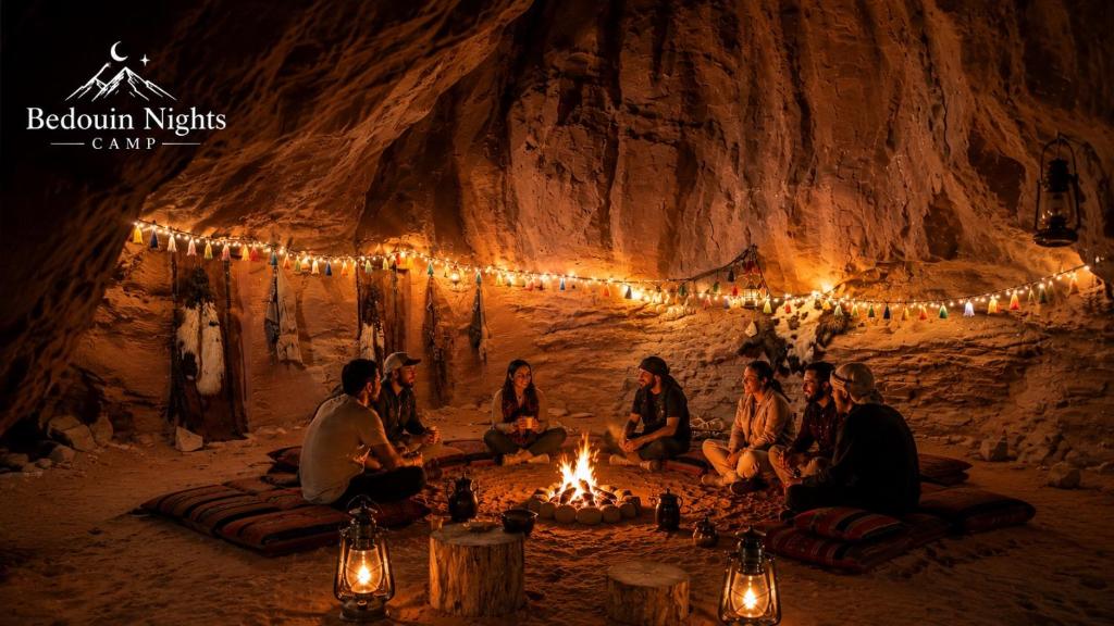 a group of people sitting around a fire in a cave at Bedouin Nights Camp in Wadi Rum