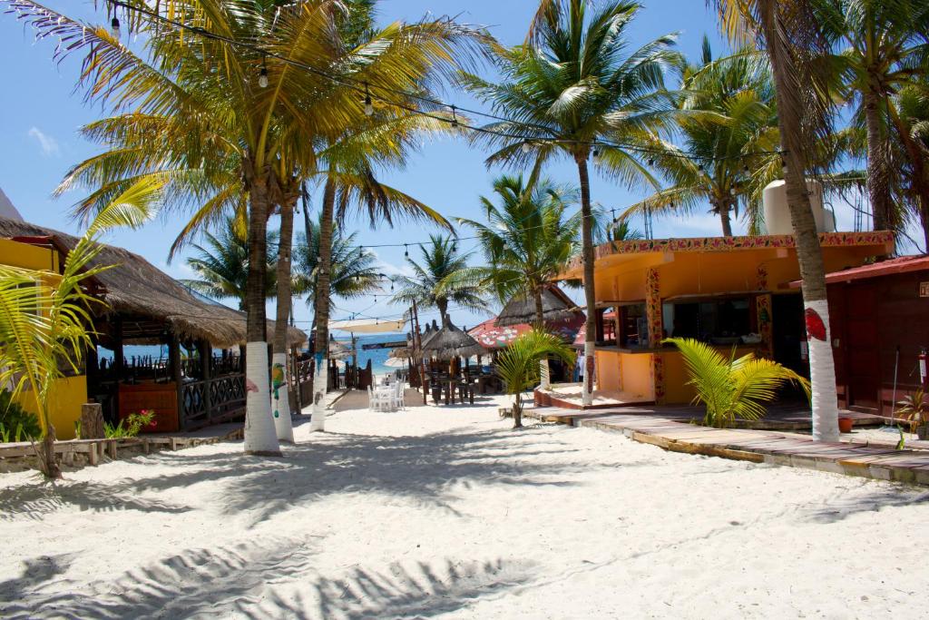 a beach with palm trees and a yellow building at The Diving Lodge Downtown in Puerto Morelos