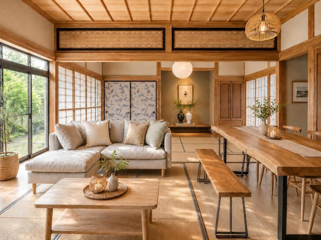 a living room with a couch and a table at 貸切り200m2 林檎のワルツ 広い和モダン邸宅 星空とBBQ in Komoro