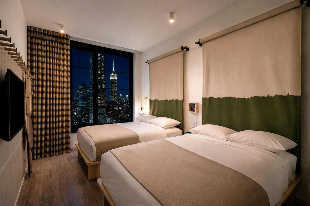 two beds in a hotel room with a window at Moxy NYC Chelsea in New York