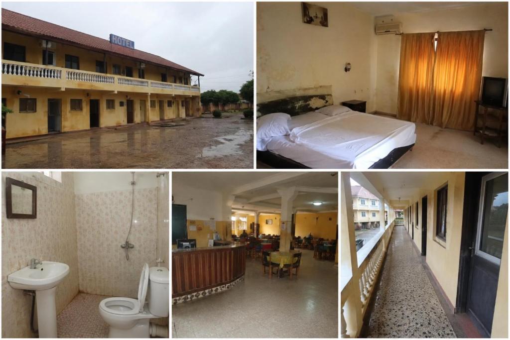 a collage of four pictures of a hotel room at NH hôtel in Antananarivo