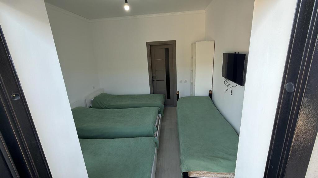 a room with two green beds and a television at Atabek in Bosteri