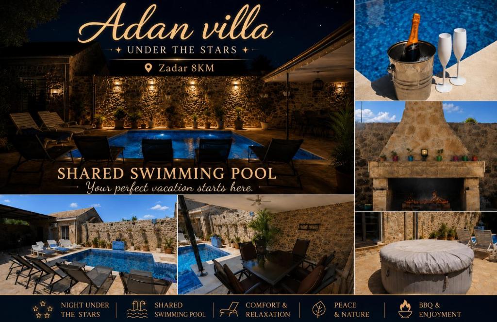 a collage of photos of a resort with a fireplace at App 2 Ville Adan in Zemuniki