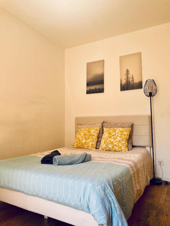 a bedroom with a bed with yellow pillows at Le Cocon de l'Orge RER Paris séjours au calme in Juvisy-sur-Orge