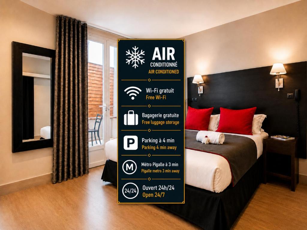 a sign in a room with a bed in a room at Hotel Migny Opéra Montmartre in Paris