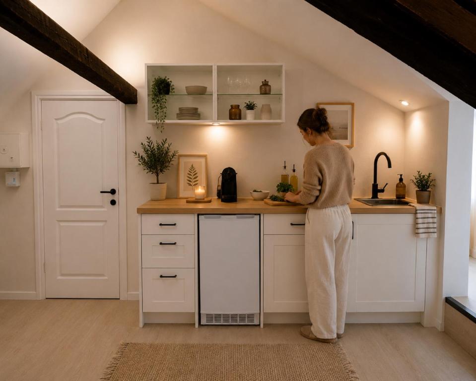 a woman standing at a counter in a kitchen at appartement de la voie verte in Hauterive