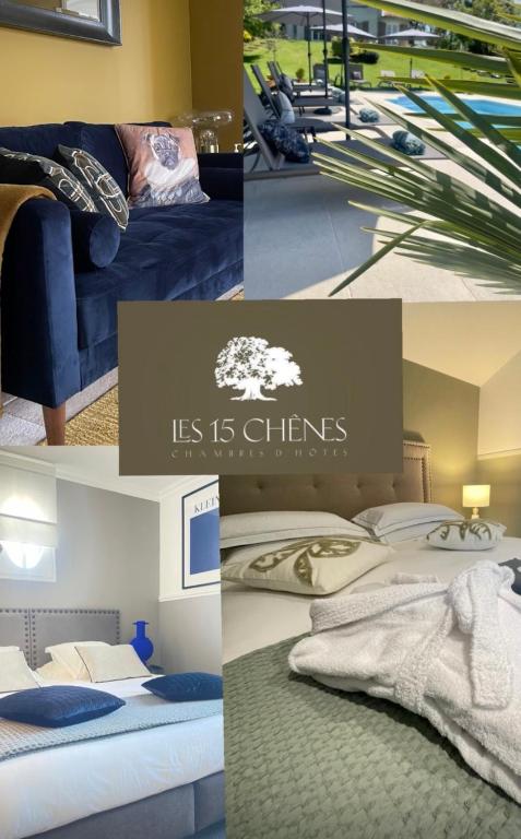 a collage of pictures of a bedroom with a bed at LES 15 CHENES Chambres d hôtes, parc arboré de 5000 m2 à 20KM du PUYDUFOU Une suite familiale et 3 chambres doubles in Saint-Mesmin
