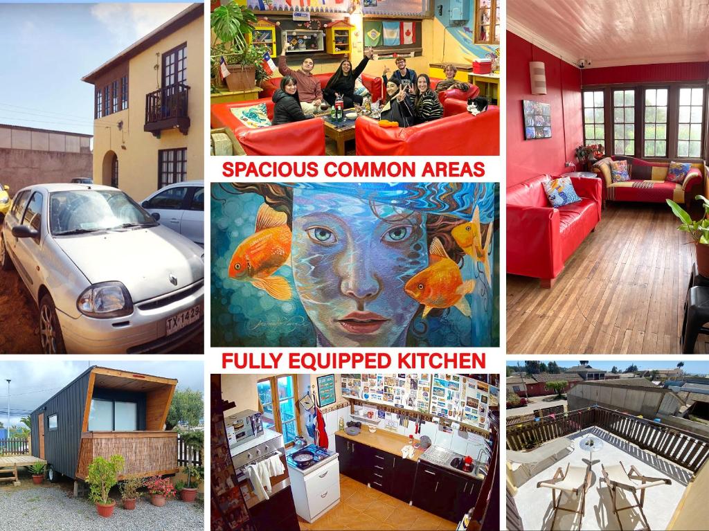 a collage of pictures of a house at Kuyen Hostel & Tiny Houses in Pichilemu