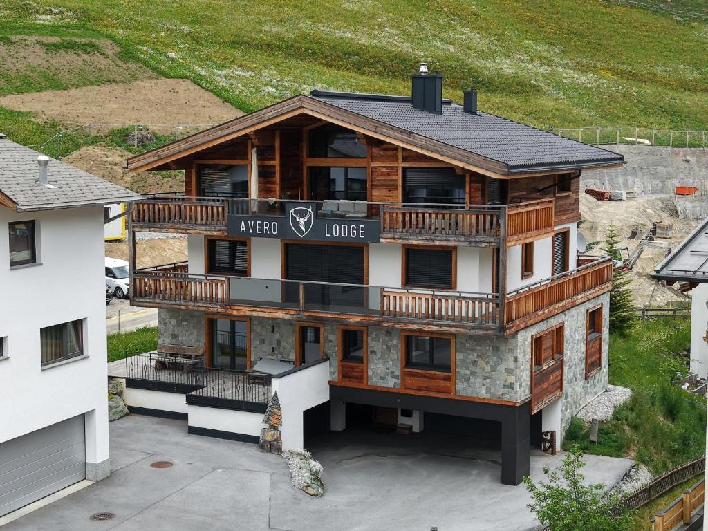 an aerial view of a ski lodge building at Avero Lodge by MEIN SAMNAUN - MOUNTAIN HOMES in Samnaun