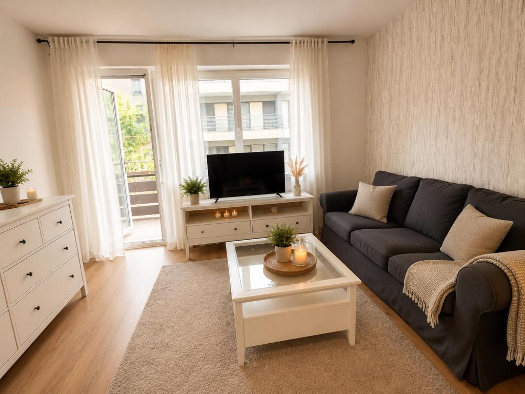 a living room with a couch and a tv at Pulheim Living 6 in Pulheim