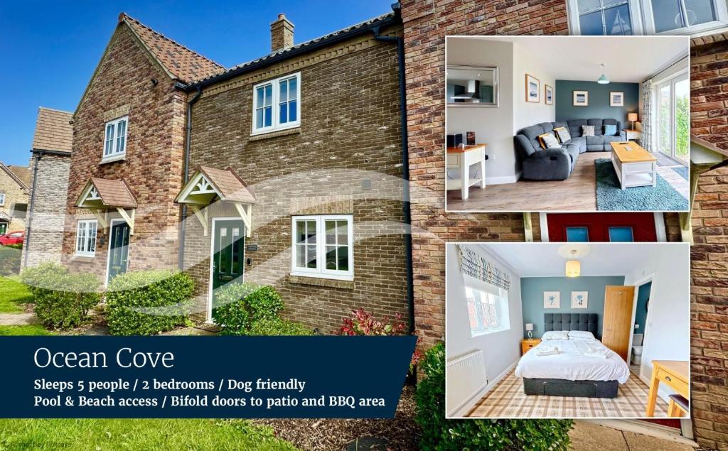 a collage of photos of a house at Ocean Cove - Part of the The Bay Filey Holiday Village with pool, gym and direct beach access, pub, restaurant, tennis and meadows walks in Reighton