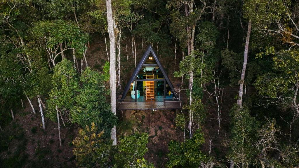 an aerial view of a cabin in the middle of a forest at Chalés Villa Alecrim COM HIDROMASSAGEM E AR CONDICIONADO in Campos do Jordão