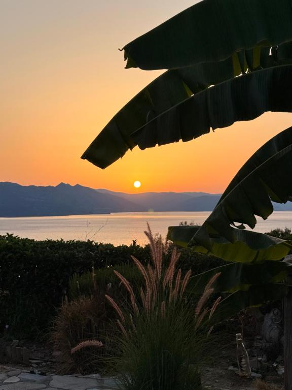a sunset over the water with the sun in the sky at Levanda Home in Taktikoúpolis