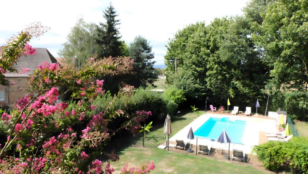 a garden with a swimming pool and some flowers at Gîte La Maison Du Parc in Argilly