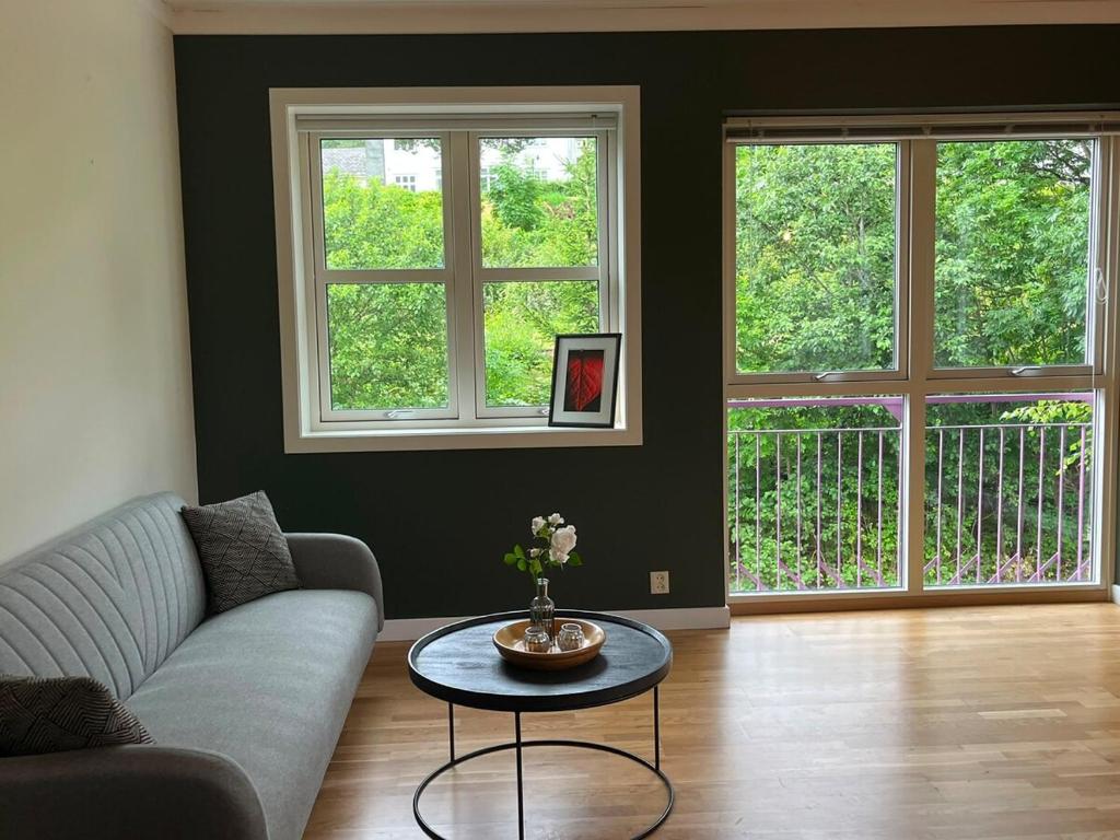 a living room with a couch and a table and two windows at Spacious Apartment - Central Voss - Free Parking in Vossevangen
