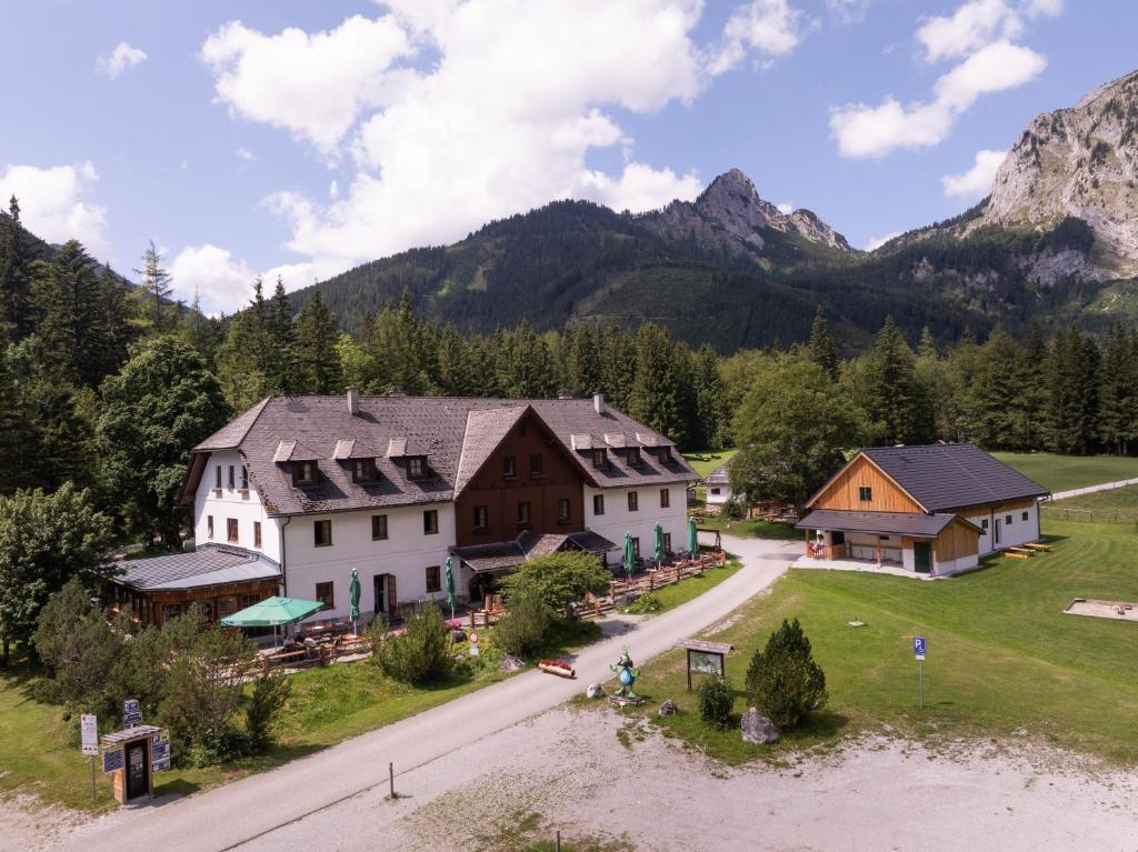 an aerial view of a village in the mountains at Der Bodenbauer in Thörl