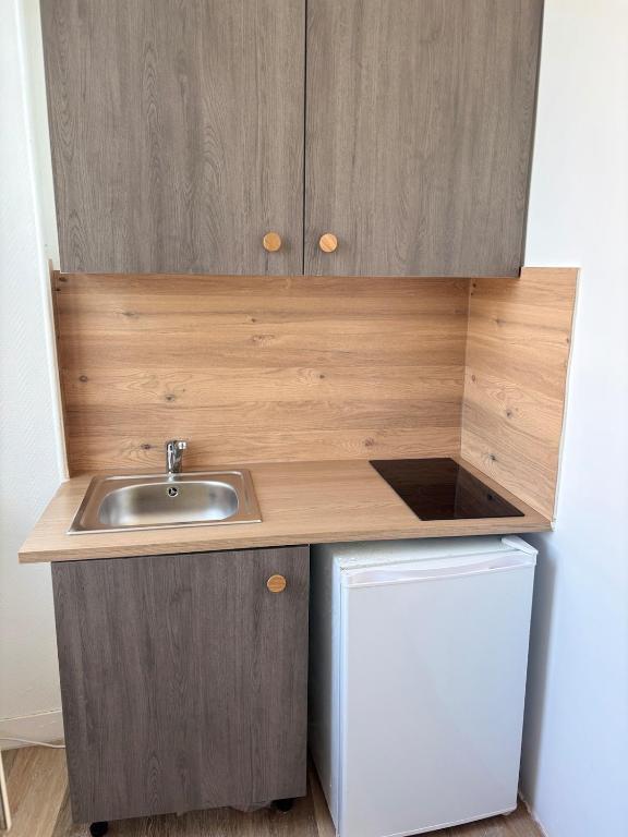 a small kitchen with a sink and a refrigerator at Logement Angèle in Malesherbes