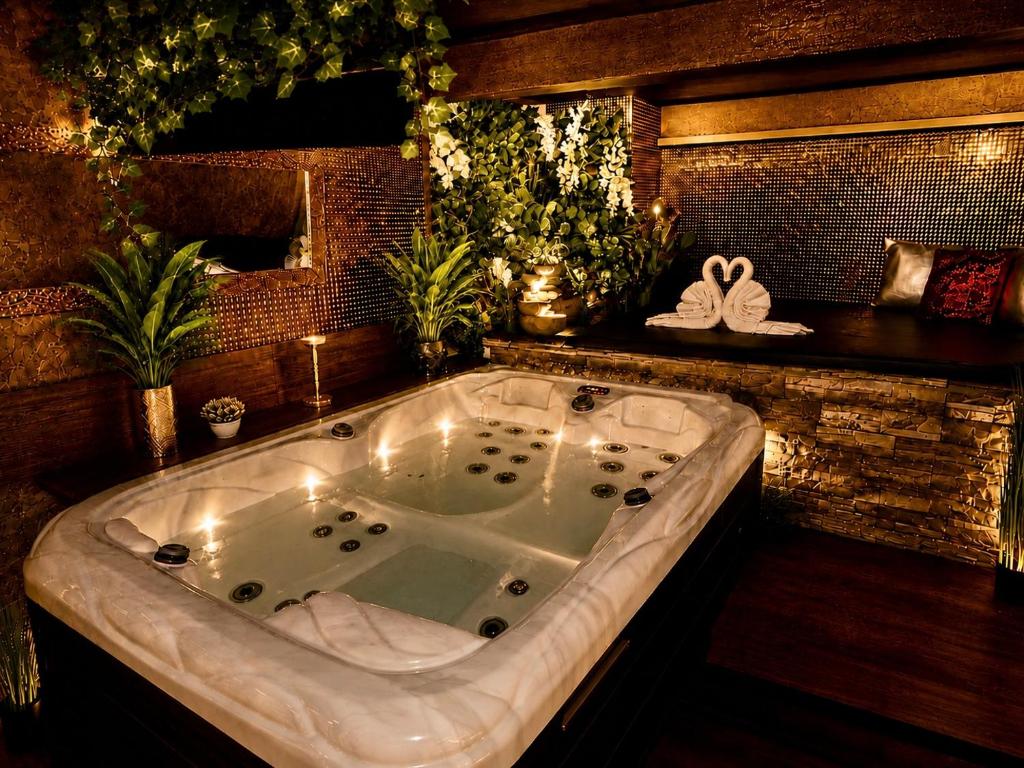 a large bath tub in a room with plants at Sofia Private Wellness Apartman Prague - Sauna & Jacuzzi in Prague