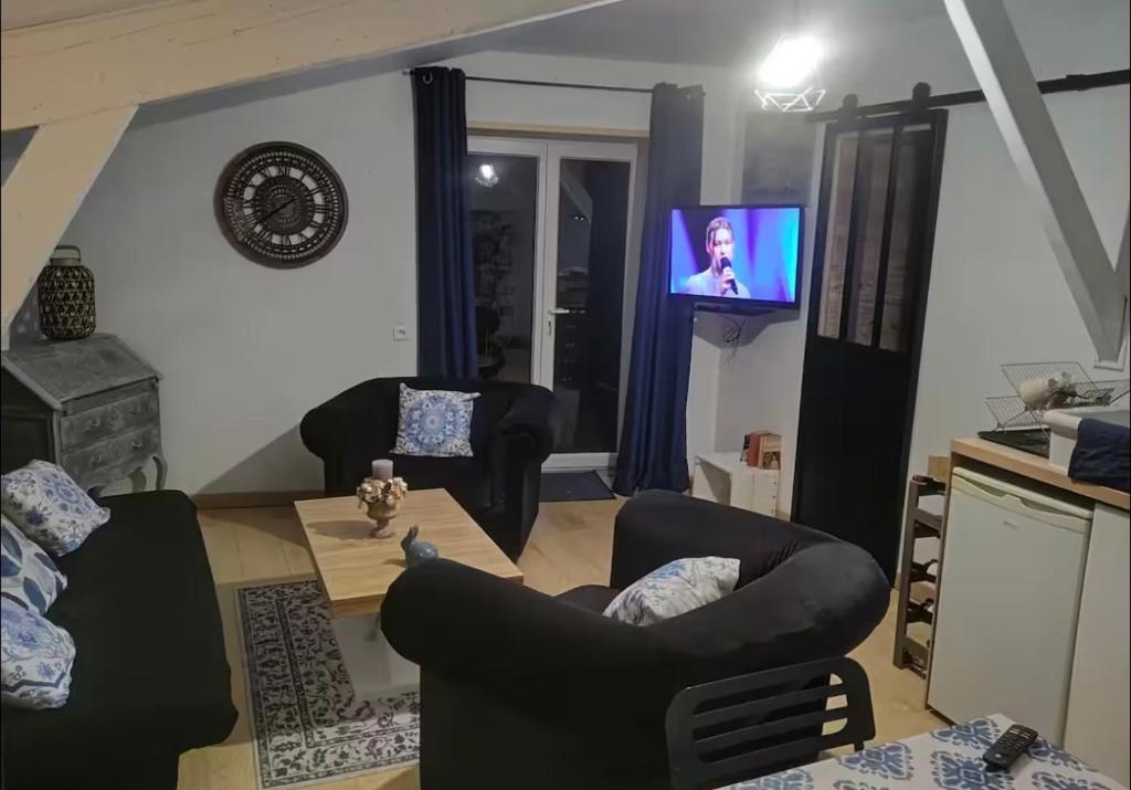 a living room with a couch and a tv on a wall at L Empreinte in Saint-Juvin