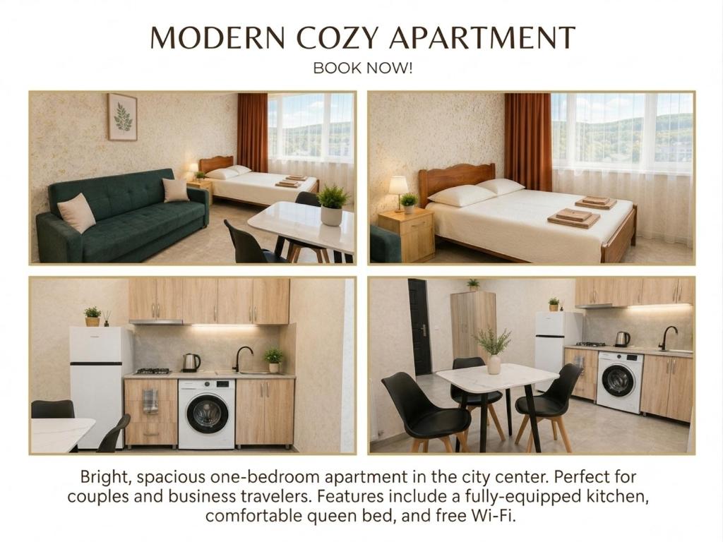 a collage of three pictures of a living room and bedroom at Apartment 1 in Tsalka