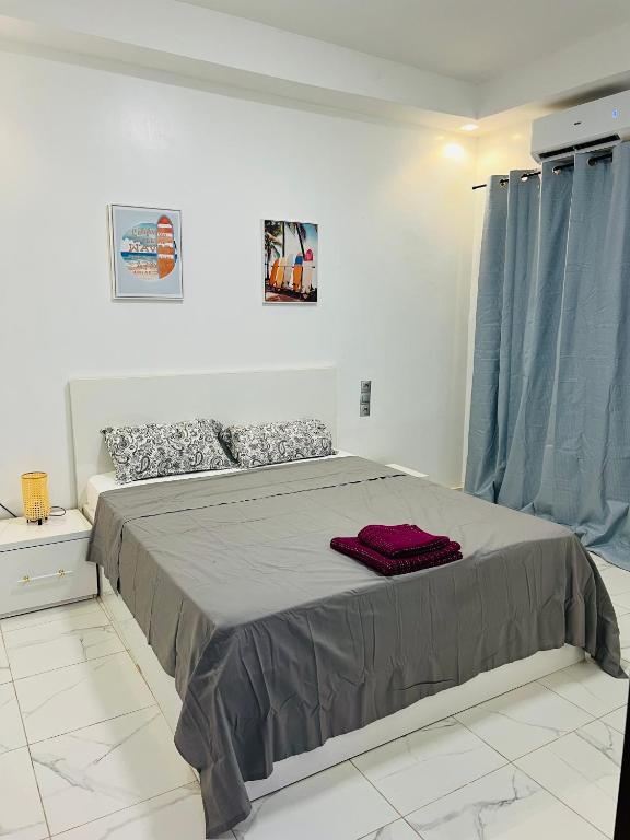 a bedroom with a large bed with blue curtains at Résidence SG2 in Thiès