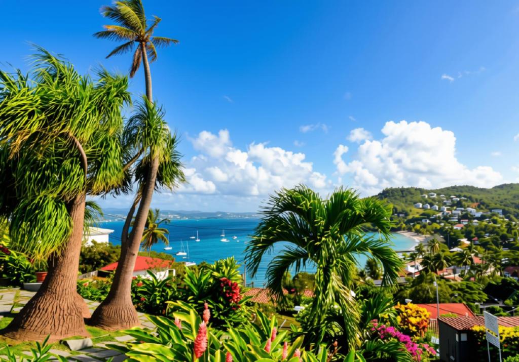 a view of the ocean from a resort with palm trees at Le Panoramic in Les Trois-Îlets