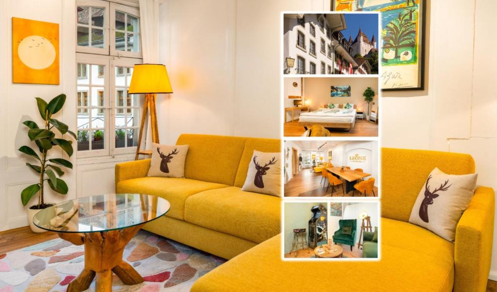 a collage of photos of a living room with a yellow couch at 120m2 l Golden Castle Loft l Old Town l Thun in Thun