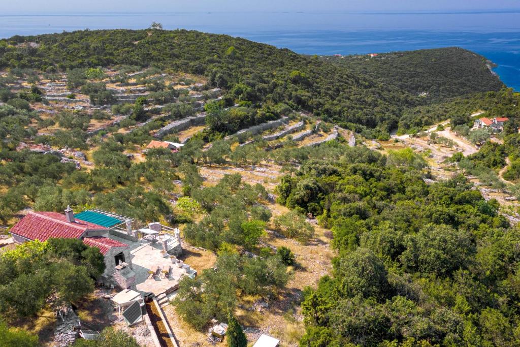 an aerial view of a house on a hill next to the ocean at Secluded house with a parking space Cove Rasohatica, Korcula - 16651 in Korčula