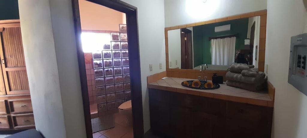 a bathroom with a sink and a large mirror at Cabana acogedora rodeada de naturaleza in San Bruno