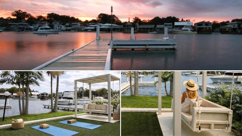 a collage of two pictures of a marina at Balmoral Jetty Estate in Balmoral