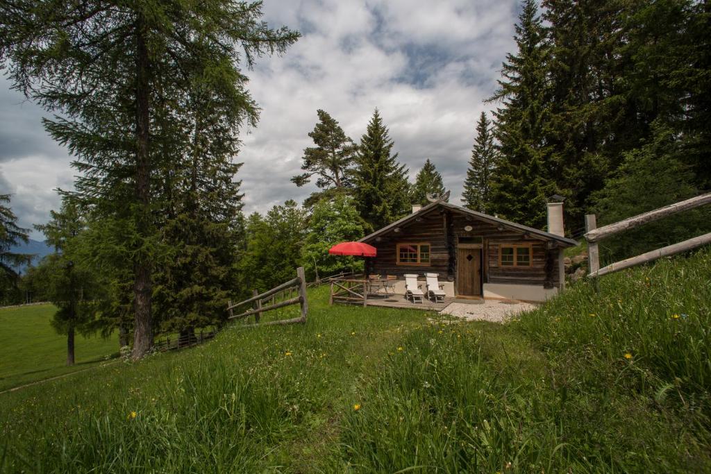 una cabaña de madera con una sombrilla roja en un campo en Berghütte Sommerstall, en Redagno