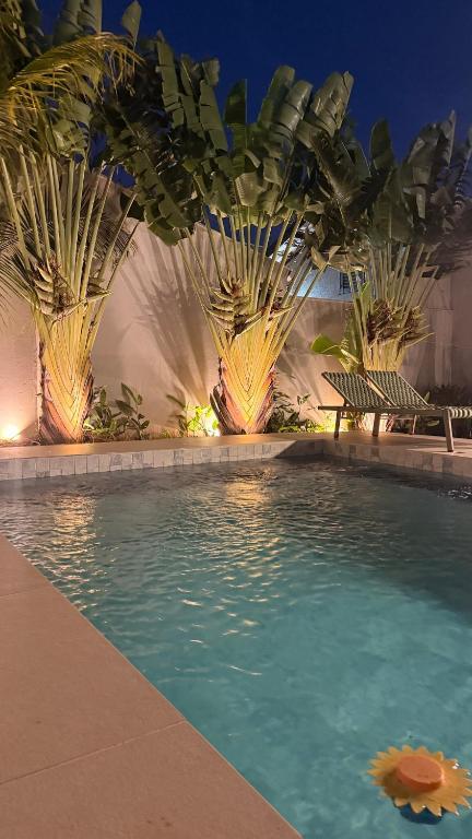 a swimming pool with two chairs and palm trees at Cozy house with pool in Campo Grande