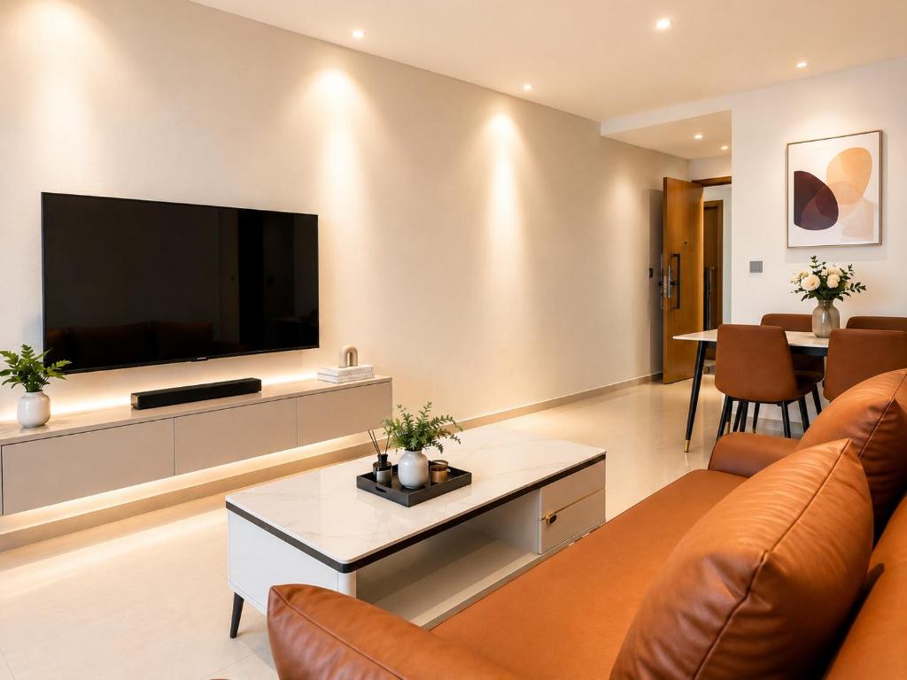 a living room with a large flat screen tv at Axis Residences Apartment in Phnom Penh