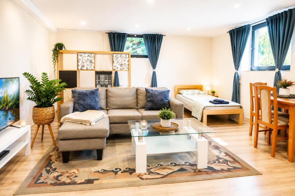 a living room with a couch and a table at Nature Apartment Karlovy Vary Kolová in Karlovy Vary