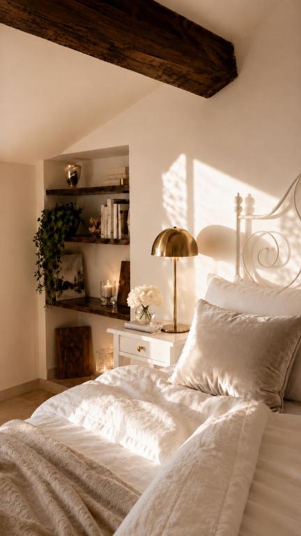 a bedroom with a white bed and a desk with a lamp at Casa Due Marie Boutique stay near Modena & Maranello in Marano sul Panaro