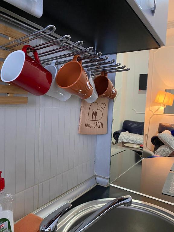 a kitchen sink with pots and pans hanging on a rack at Топсоба12 in Niš